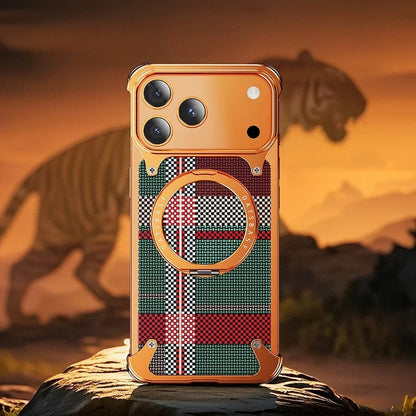 iPhone Frameless Alloy + Fabric Plaid Case – Hybrid Frame with Ring Stand - FonKayz