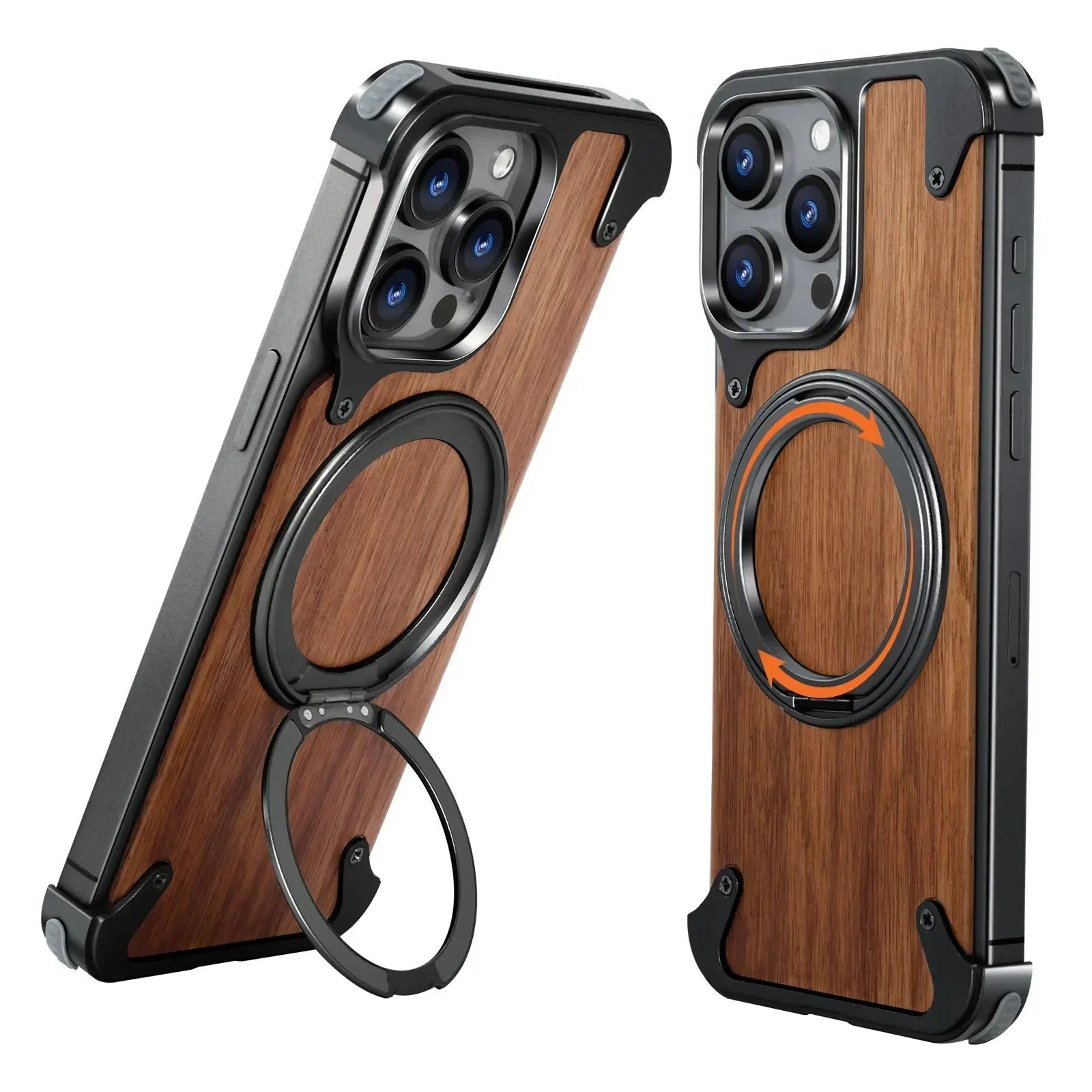 iPhones Frameless Alloy + Wood Case – Slim Hybrid Frame with Ring Stand - FonKayz