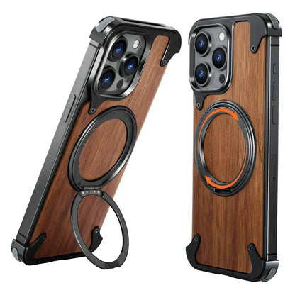 iPhones Frameless Alloy + Wood Case – Slim Hybrid Frame with Ring Stand - FonKayz