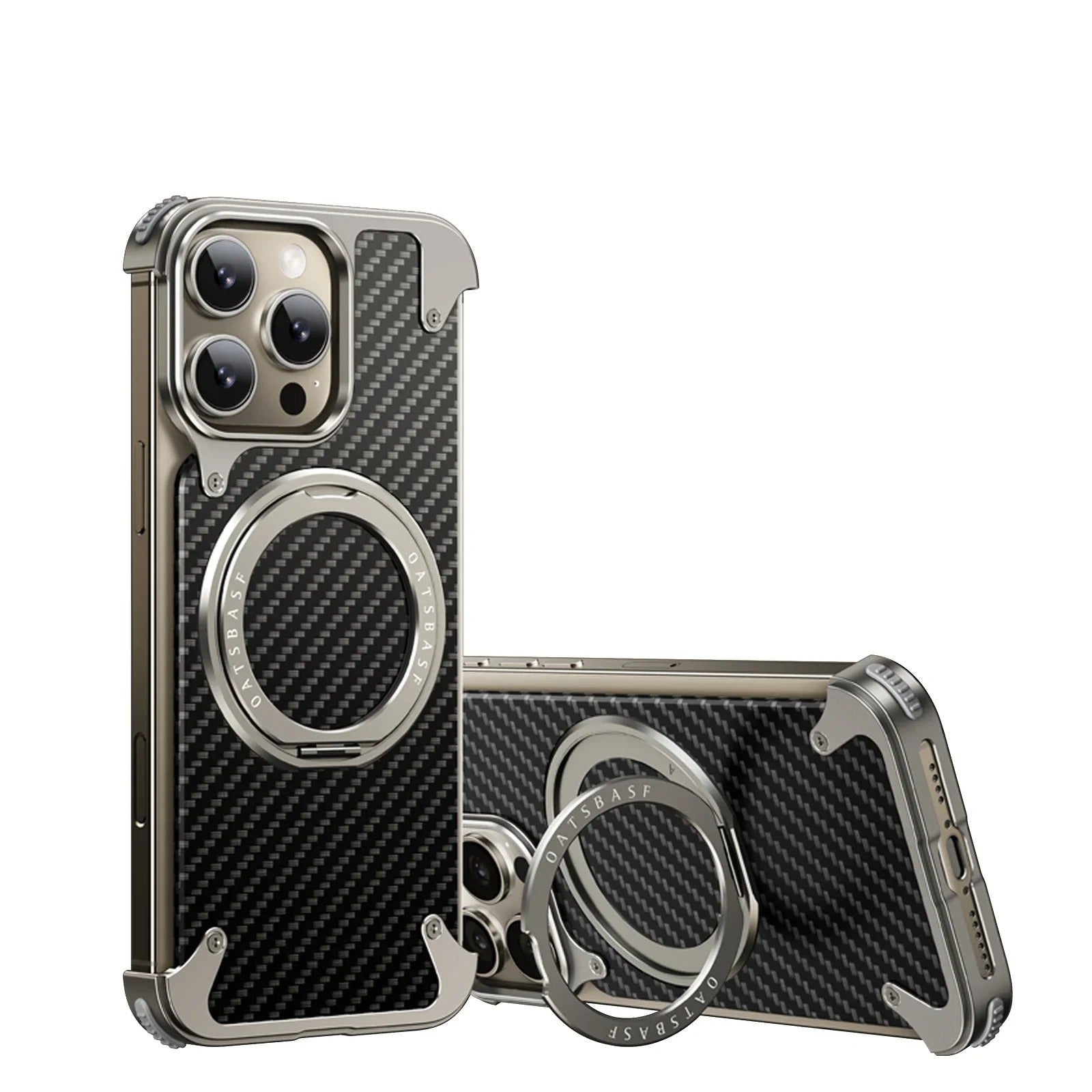 iPhone Frameless Alloy + Carbon Fiber Case – Slim Hybrid Frame with Ring Stand - FonKayz