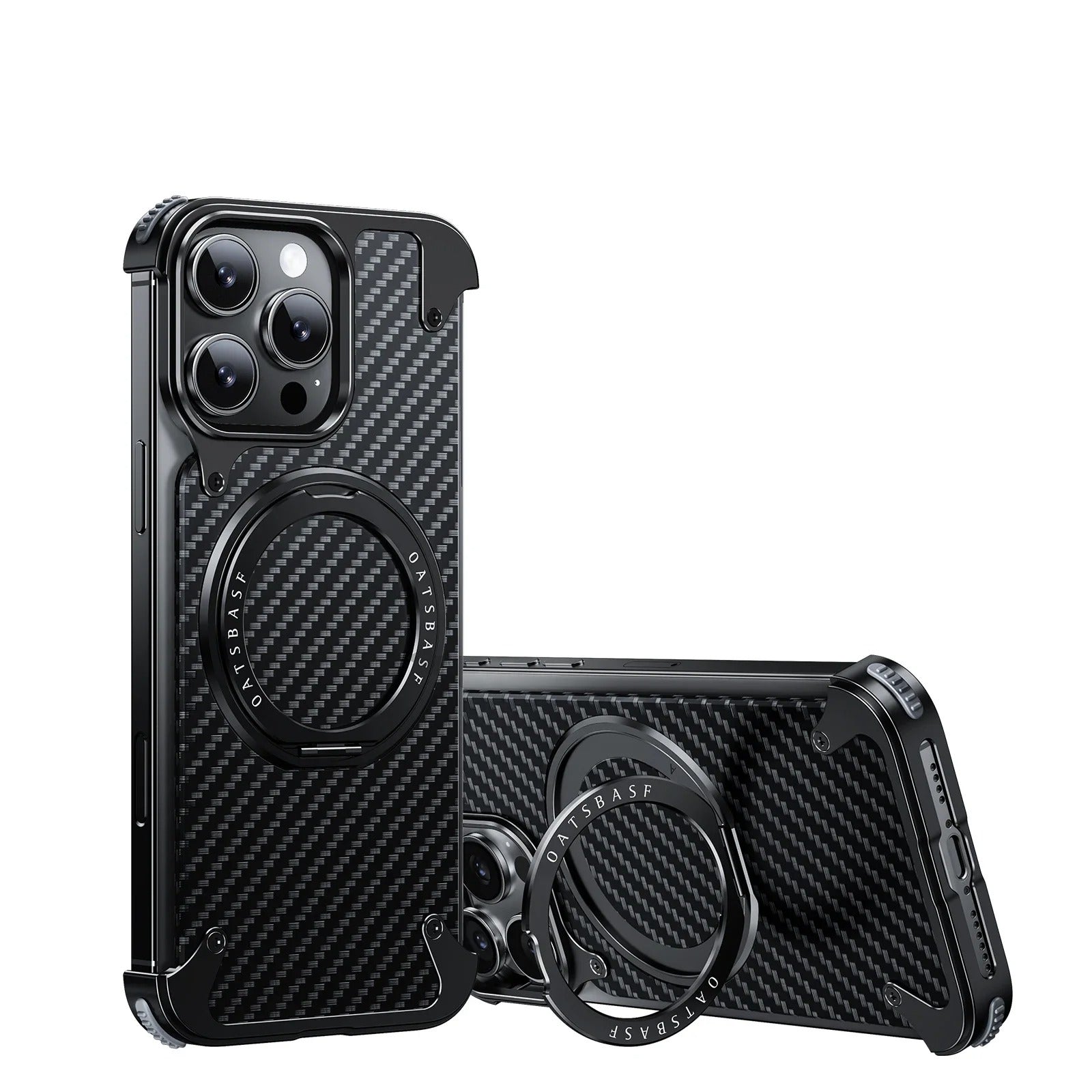 iPhone Frameless Alloy + Carbon Fiber Case – Slim Hybrid Frame with Ring Stand - FonKayz