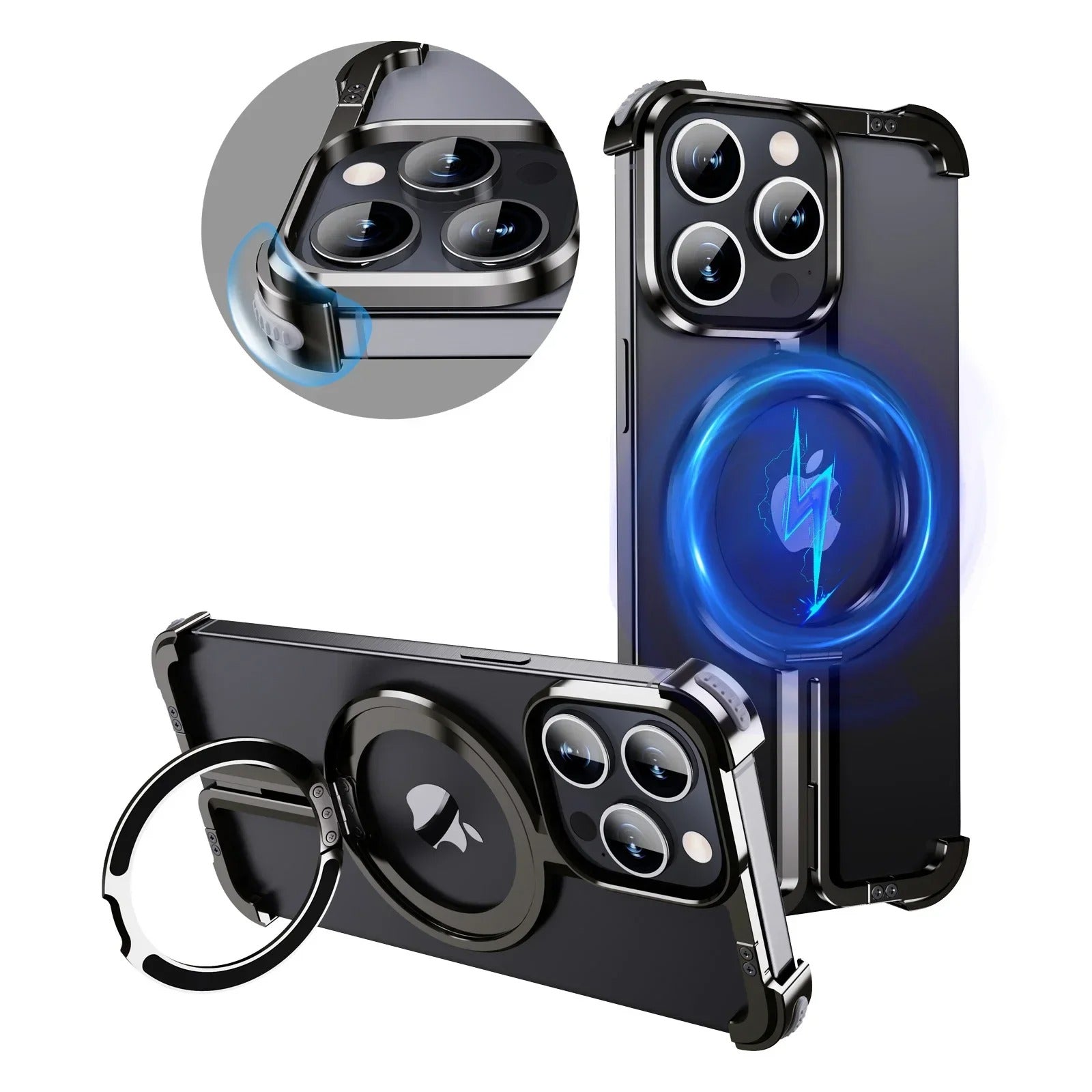 iPhone Frameless Alloy Case – Slim Frame with Wireless Charging & Ring Stand - FonKayz