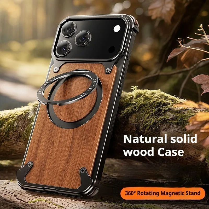 iPhones Frameless Alloy + Wood Case – Slim Hybrid Frame with Ring Stand - FonKayz