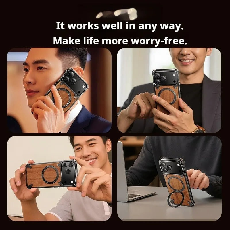 iPhones Frameless Alloy + Wood Case – Slim Hybrid Frame with Ring Stand - FonKayz