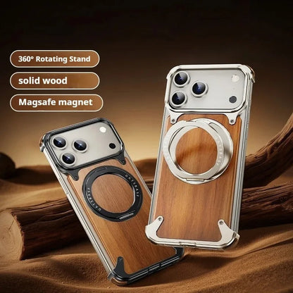 iPhones Frameless Alloy + Wood Case – Slim Hybrid Frame with Ring Stand - FonKayz