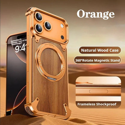 iPhones Frameless Alloy + Wood Case – Slim Hybrid Frame with Ring Stand - FonKayz