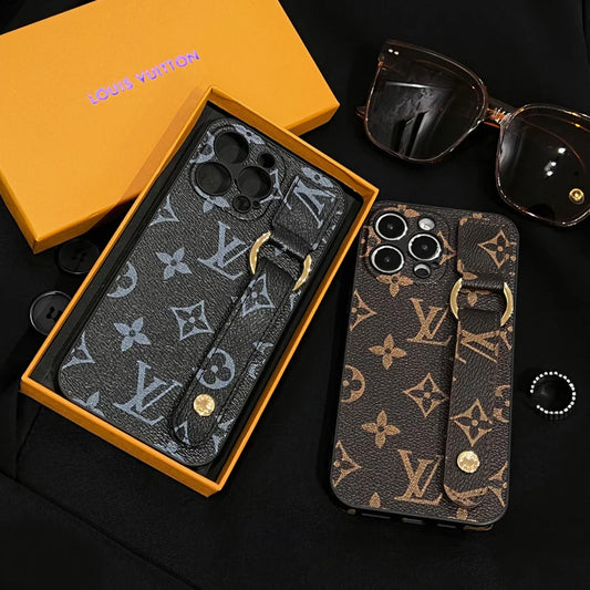 Classic LV Floral Pattern iPhone Case with Leather Wrist Strap