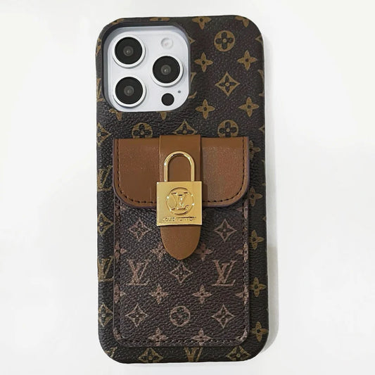 Classic LV Leather Wallet Phone Case with Card Holder and Shoulder Strap